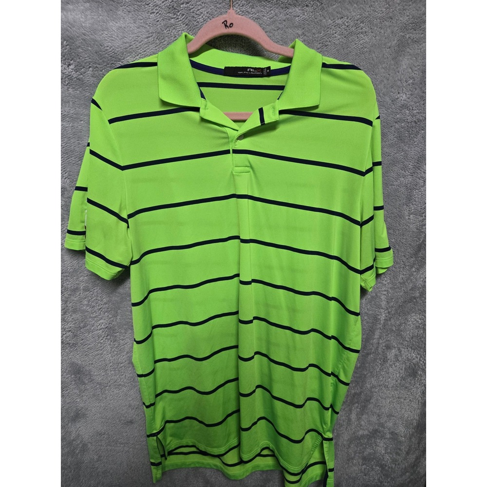 RLX Ralph Lauren Mens Golf Polo Shirt Lime Green Navy Striped Size M FourBridge